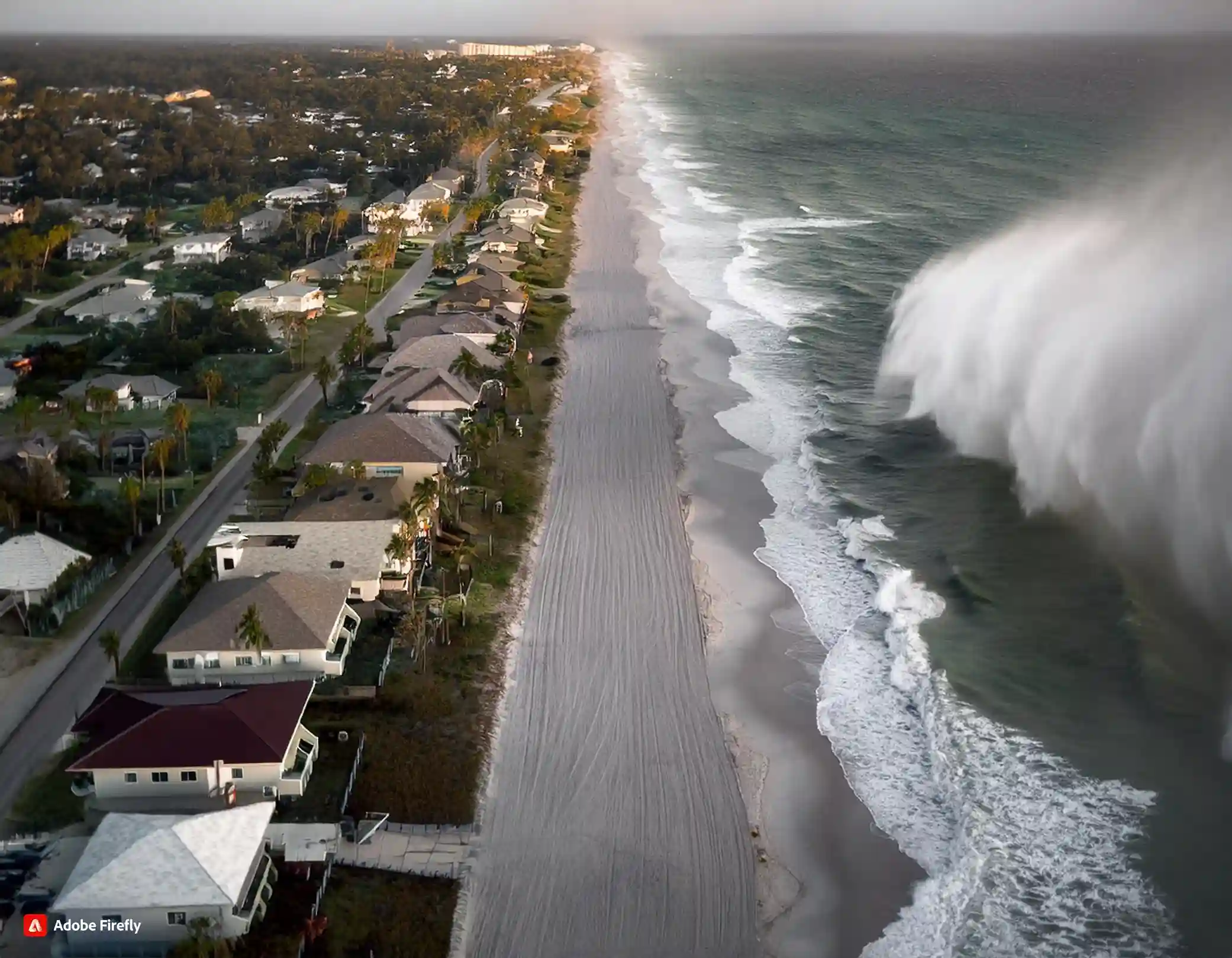 A satellite image shows a rapidly developing hurricane system approaching Florida's western coast, with warnings of strong winds, flooding, and storm surges