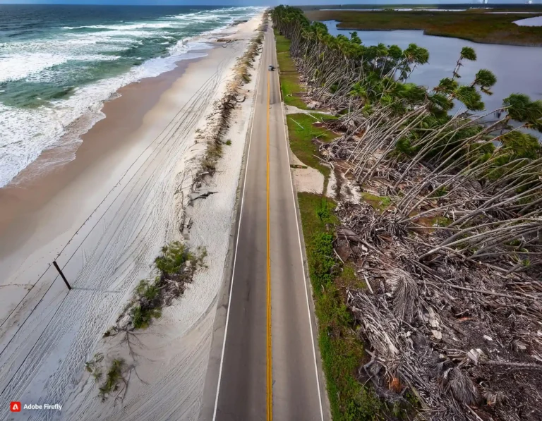 Aerial view of Florida's coastline showing the aftermath of Hurricane Helene, with reshaped beaches and altered natural surroundings