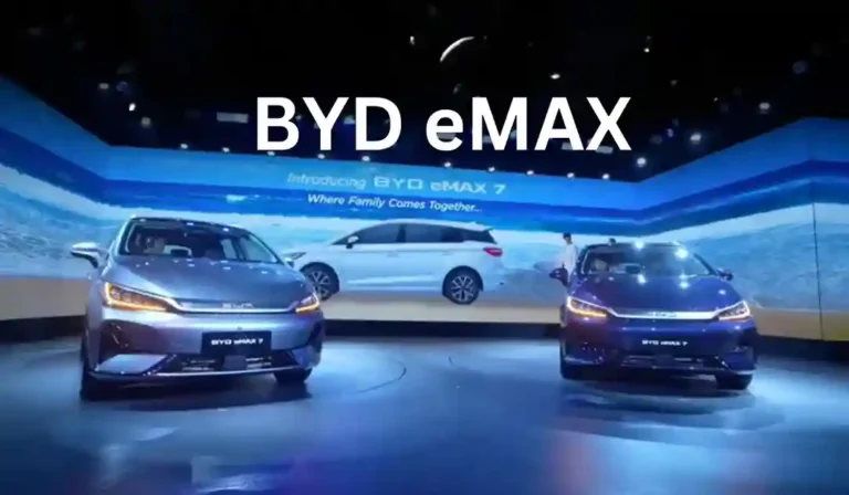 BYD eMAX electric MPV showcasing its sleek design and modern features, parked in an urban setting