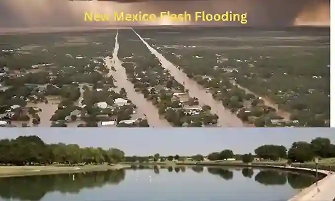 A truck submerged in floodwaters during the New Mexico flash flooding, highlighting the severe impact on the community.