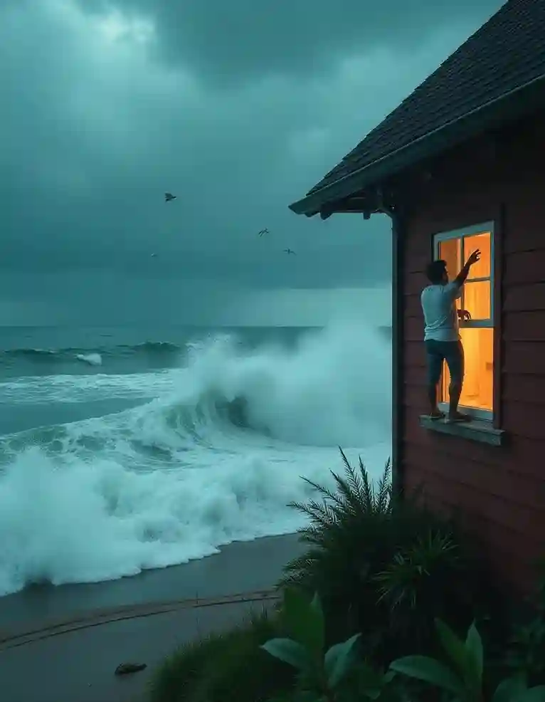 A Category 5 hurricane approaching land, with dark storm clouds, heavy winds, and intense rainfall, illustrating the devastating power of these severe storms.